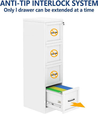 Ckzbx 4 Drawer File Cabinet with Lock, Narrow Vertical Filing Cabinet, Under Desk File Cabinets,White Metal File Cabinets for Home Office,Fit Letter/A4/Legal Size File