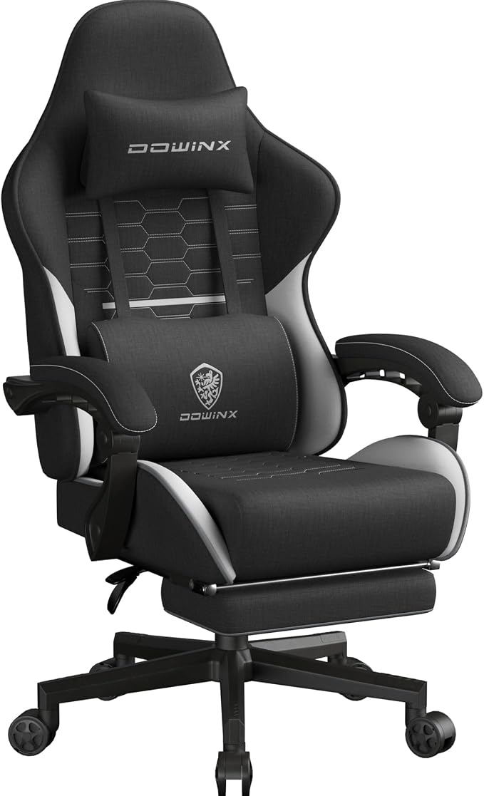 Dowinx Gaming Chair Fabric Big and Tall with Pocket Spring Cushion, Massage Game Chair Cloth with Headrest, Ergonomic Computer Chair with Footrest 350LBS, Black White