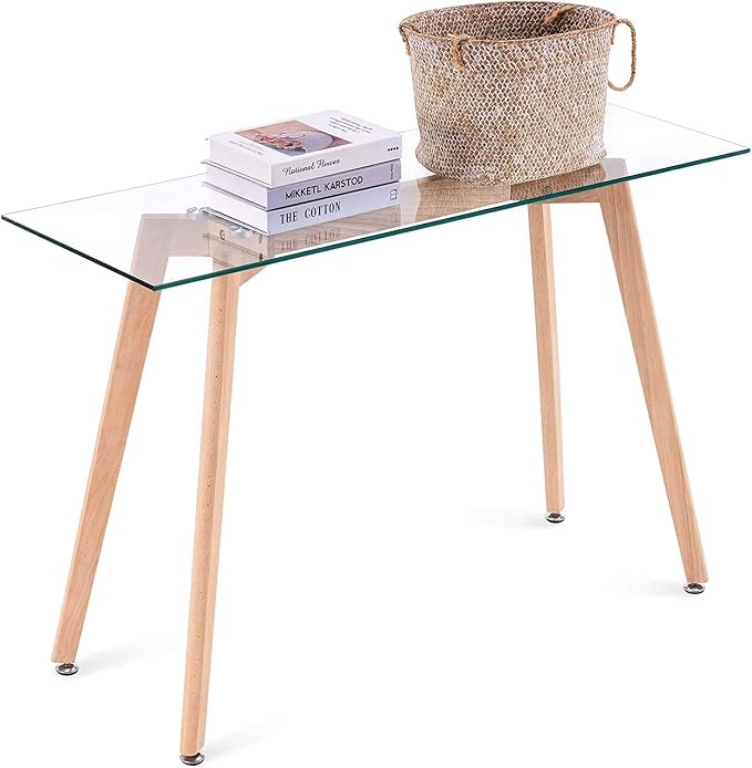 ivinta Glass Office Desk, 43" Rectangular Computer Desk with Solid Wood Legs, Modern Dining Table for Living Room, Office, Kitchen, TAM-WT