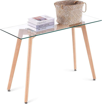 ivinta Glass Office Desk, 43" Rectangular Computer Desk with Solid Wood Legs, Modern Dining Table for Living Room, Office, Kitchen, TAM-WT