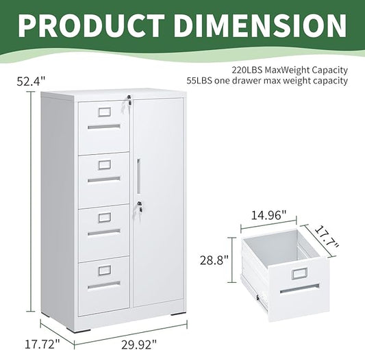 File Cabinet 4 Drawer, Vertical File Cabinet with Lock and 1 Door, File Cabinet with Storage Shelves for A4 Legal/Letter, Assembly Required (White)