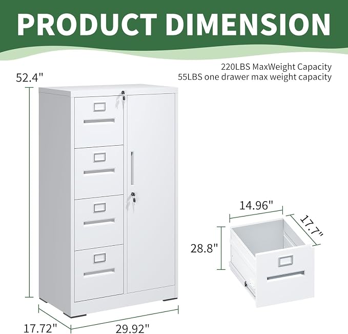 File Cabinet 4 Drawer, Vertical File Cabinet with Lock and 1 Door, File Cabinet with Storage Shelves for A4 Legal/Letter, Assembly Required (White)