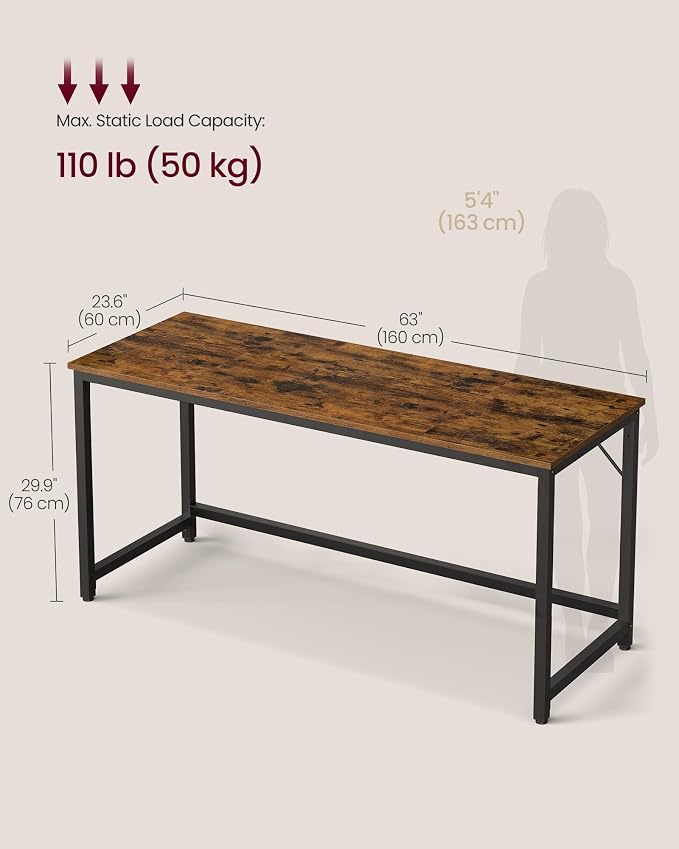 VASAGLE Computer Desk, Steel Frame and Particleboard Gaming Table, 63 x 23.6 x 29.9 Inch, Rustic Brown and Matte Black Small Desk for Bedroom and Home Office, Barnet Collection ULWD121K01