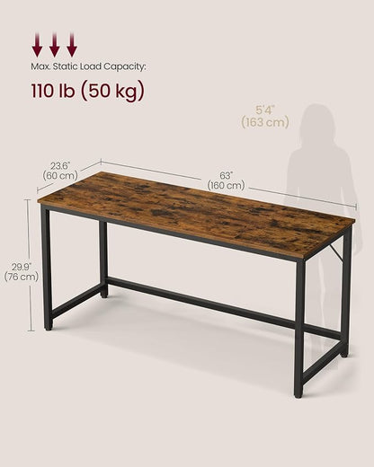 VASAGLE Computer Desk, Steel Frame and Particleboard Gaming Table, 63 x 23.6 x 29.9 Inch, Rustic Brown and Matte Black Small Desk for Bedroom and Home Office, Barnet Collection ULWD121K01