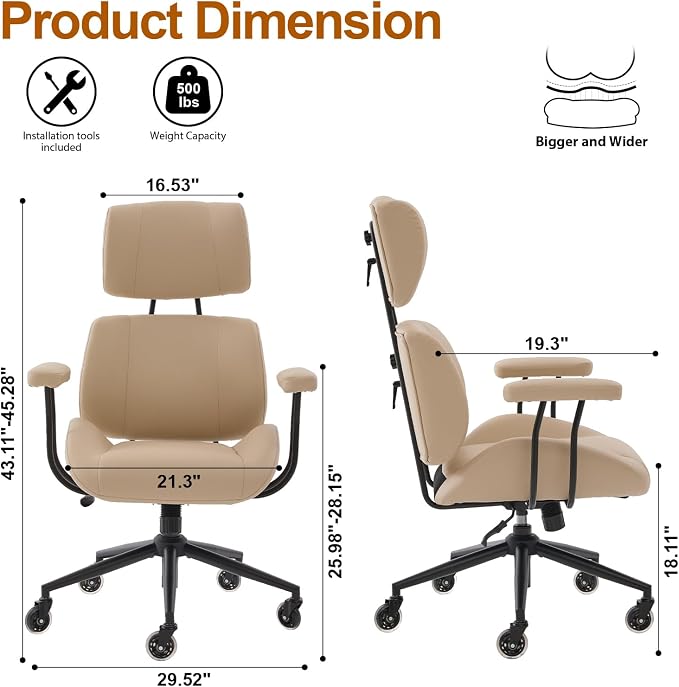E-Motie Ergonomic Leather Office Chair, Computer Desk Chair, Beige | Adjustable Headrest, 360° Swivel & Rolling Wheels, Lumbar Support, Padded Arms, High Back, for Long Hours Sitting