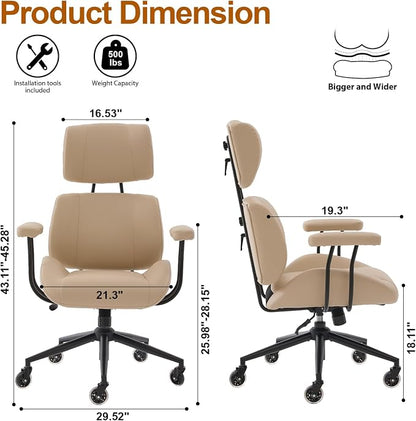 E-Motie Ergonomic Leather Office Chair, Computer Desk Chair, Beige | Adjustable Headrest, 360° Swivel & Rolling Wheels, Lumbar Support, Padded Arms, High Back, for Long Hours Sitting
