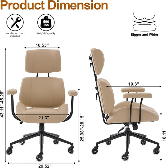 E-Motie Ergonomic Leather Office Chair, Computer Desk Chair, Beige | Adjustable Headrest, 360° Swivel & Rolling Wheels, Lumbar Support, Padded Arms, High Back, for Long Hours Sitting