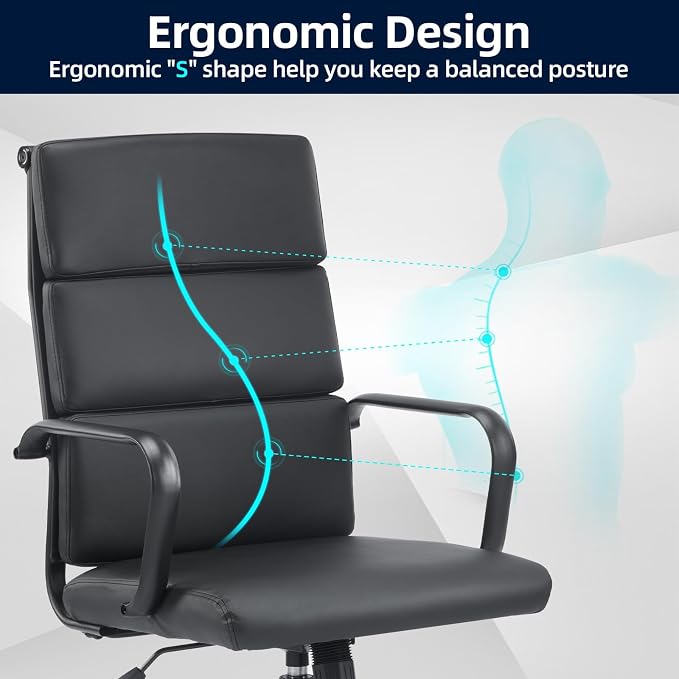 Office Chair, Ergonomic Executive Conference Room Chairs, Ribbed Leather Desk Chair with Lumbar Support, Adjustable Height Mid-Back Swivel Chair with Padded Seat