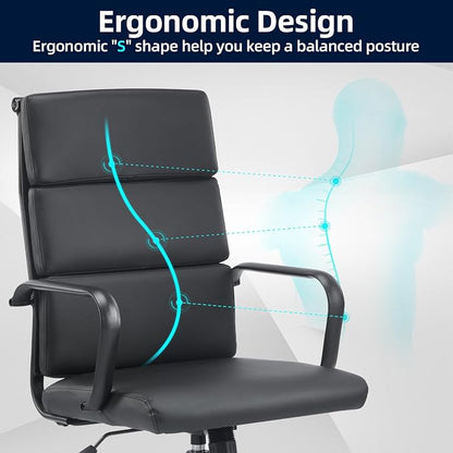 Office Chair, Ergonomic Executive Conference Room Chairs, Ribbed Leather Desk Chair with Lumbar Support, Adjustable Height Mid-Back Swivel Chair with Padded Seat