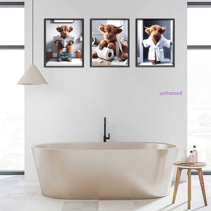Funny Bathroom Highland Cow Wall Art, Brown Cute Cow Animal Canvas Posters Prints Wall Decor Set of 3, Vintage Rustic Farmhouse Home Painting Pictures for Kids Room Restroom 12x16 Inch Unframed