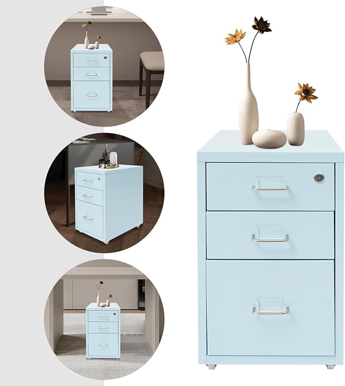 3 Drawers File Cabinet Locking Vertical File Cabinet Under Desk Small File Cabinet with Wheels for Home Office (Blue)