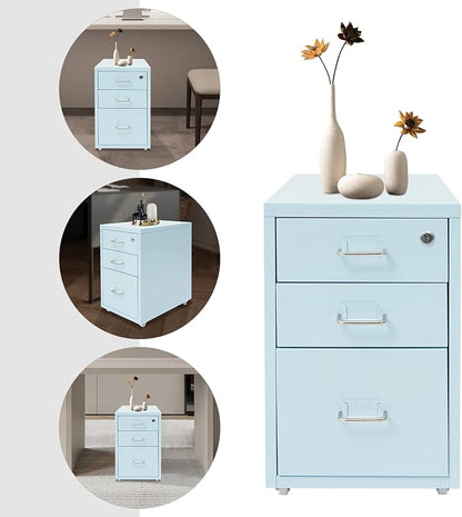 3 Drawers File Cabinet Locking Vertical File Cabinet Under Desk Small File Cabinet with Wheels for Home Office (Blue)
