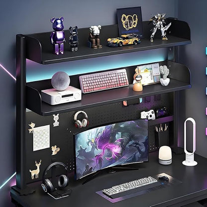 CHSSIH Clamp On Desk Pegboard Shelf - Metal Desktop Organizer Hutch with 2 Shelves for Storage and Display, Desk Add-On Shelf for Office, Dorm, or Computer Monitor Stand, Black, 23.6In