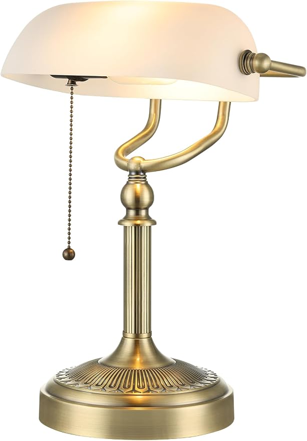 White Matted Glass Bankers Desk Lamp,Plug in | Pull Chain Switch Fixture