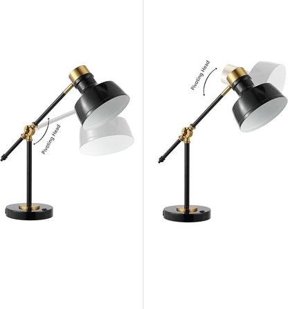 JONATHAN Y 18.5" Black/Brass Gold Adjustable Cantilever LED Task Lamp with USB Charging Port, Vintage Farmhouse Desk Lamp for Home Office Reading, Metal Shade JYL7124A