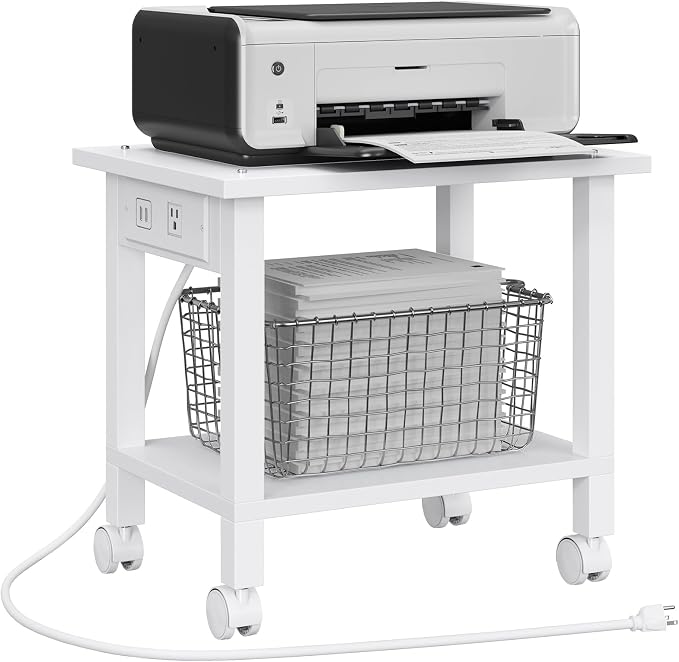 TUTOTAK 2 Tier Printer Stand, Rolling Printer Cart with Power Outlets and USB Ports, Mobile Printer Table with Wheels, for Under Desk, Office, Home, White PS01BW001