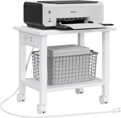 TUTOTAK 2 Tier Printer Stand, Rolling Printer Cart with Power Outlets and USB Ports, Mobile Printer Table with Wheels, for Under Desk, Office, Home, White PS01BW001