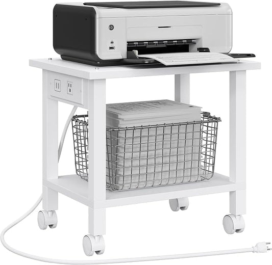 TUTOTAK 2 Tier Printer Stand, Rolling Printer Cart with Power Outlets and USB Ports, Mobile Printer Table with Wheels, for Under Desk, Office, Home, White PS01BW001