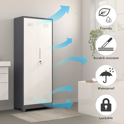 GREATMEET 65" H Broom Closet, Broom Closet Cabinet with Pegboard and Hanging Rod, Cleaning Tool Storage Cabinet, Tall Metal Utility Closets with Locking Doors for Bathroom, Garage