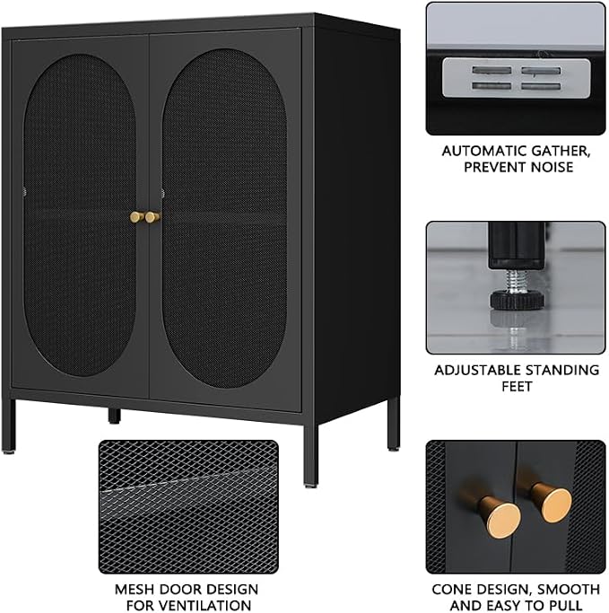 Small 2 Mesh Door Metal Storage Cabinet for Pantry,Office Room,Kitchen,Bathroom,Living Room, Hallway-Locker Cabinet with 1 Adjustable Shelf(mesh Door, Black)
