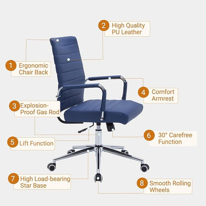 Sidanli Ergonomic Desk Chairs, Executive Swivel Faux Leather Mid Back Chair with Comfortable Lumbar Support and Smooth Rolling Wheels for Office, Navy Blue