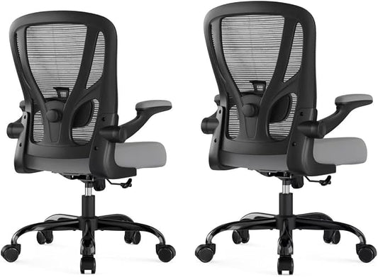 Office Chair Ergonomic Desk Chair - Mesh Computer Chair Breathable Task Chair with Wheels Adjustable Lumbar Support Home Desk Office Chairs with Flip up Armrest Gray 2 Pack