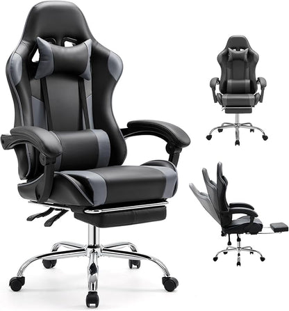 DUMOS Ergonomic Gaming Office Desk Chair with Footrest and Headrest for Adults, PU Leather Video Computer Chair with Linkage Armrests, Height Adjustable 360° Swivel Recling, Black Grey
