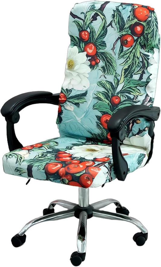 Christmas Office Chair Cover Green,Printed Elk,pinecone,Xmas tree,Snowflake,Jingle bell Stretch Computer Chair Cover Universal Removable Washable Anti-Dust Chair Slipcover with Zipper (L,Christmas-10)