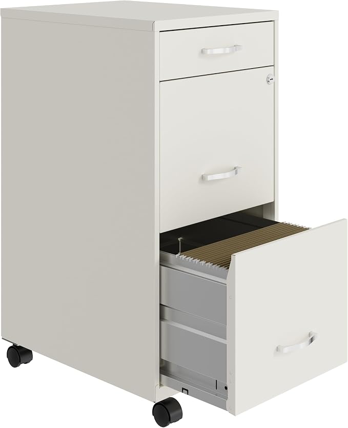 Space Solutions - 3 Drawer Fully Assembled Steel File Cabinet, Home & Small Office Use, Letter-Size, Small Supply Drawer, Locking, Mobile, Pearl White