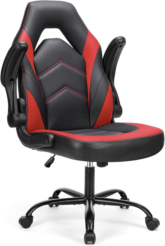 Sweetcrispy Computer Gaming Chair: PU Leather Ergonomic Lumbar Support with Flip-up Armrest and 360° Swivel Wheels, Height Adjustable Task Home Office Desk Video Racing, Red