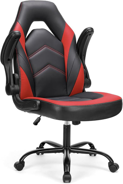 Sweetcrispy Computer Gaming Chair: PU Leather Ergonomic Lumbar Support with Flip-up Armrest and 360° Swivel Wheels, Height Adjustable Task Home Office Desk Video Racing, Red