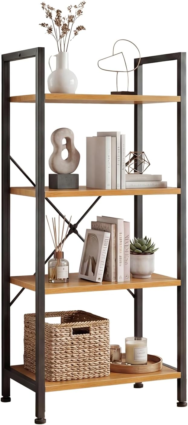 DUMOS 4 Tiers Open Bookshelf, Classic Freestanding Tall Display Shelf, Multifunctional Storage Organizer Rack for Living Room Home Office, Sturdy Bookcase for Books/Movies, Wood