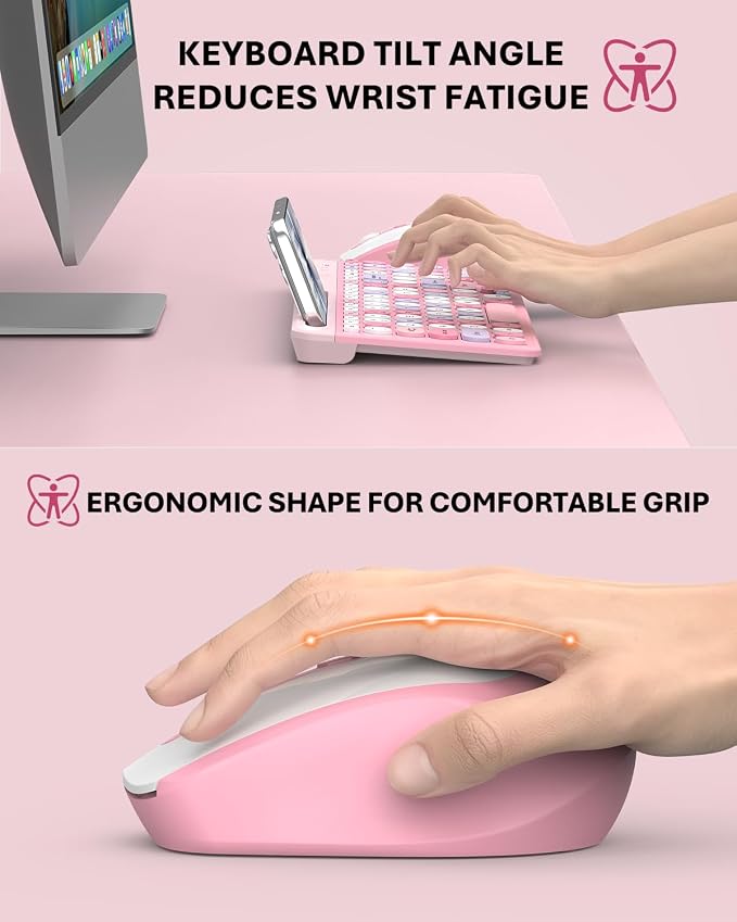 Colorful Wireless Keyboard and Mouse Combo - Round Keycaps, 2.4GHz Retro Typewriter Keyboard with Number Pad, Cute Compact USB Keyboard and Mouse for Computer PC Desktop Laptop (Pink)