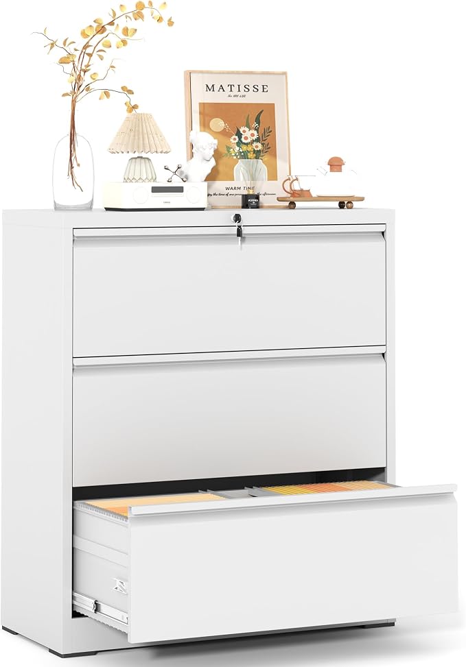 3 Drawer File Cabinet,Metal Lateral Filing Cabinet with Lock,Home Office Storage Organizer Cabinet for Legal/Letter/A4/F4 Size Files,35.5" W,White