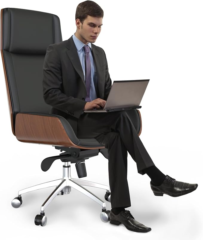 FOH Luxury Wooden Swivel and Adjustable Executive Chair, Wide Pu Leather Office Chair, Modern and Vintage Design High Back Computer Desk Chair for Conference Rooms and Home Offices (Black)
