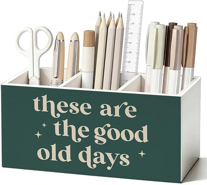 Green Inspirational Pen Pencil Holder for Desk, Motivational Inspirational Gifts, These Are the Good Old Days Positive Affirmation Wooden Box Sign Decorations for Home Office Desk Tabletop