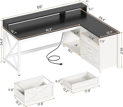 SEDETA Corner Computer Desk, 55" L Shaped Gaming Desk with Storage Drawers and Power Outlet, Farmhouse Corner Gaming Desk with Storage Shelves and LED Lights for Home Office, Black