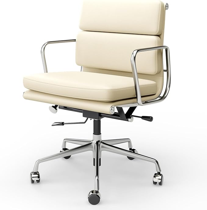 Mid-Back Executive Genuine Leather Office Chair, with Aluminum Arms and 5-Star Base, Modern Rolling Desk Chair with Silent Wheels, Lumbar Support, High-Adjustable, Tilting for Home & Office