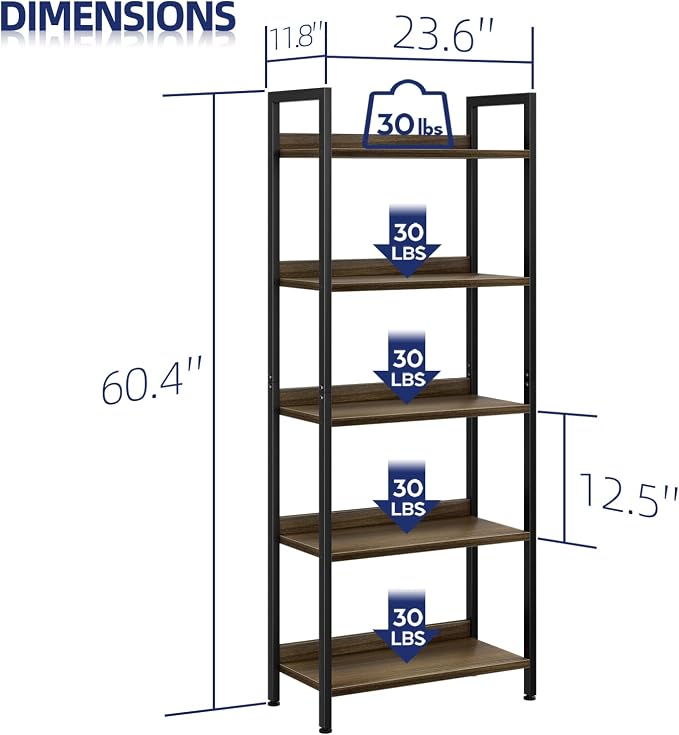 NUMENN Bookshelf, 5 Tier Bookshelves, Home Office Bookcase Shelf Storage Organizer, Free Standing Storage Shelving Unit for Bedroom, Living Room and Home Office, Dark Walnut