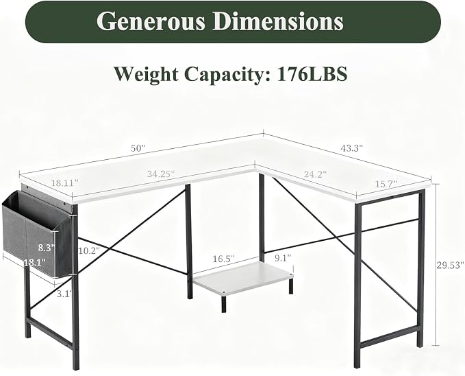 L-Shaped Home Office Computer Desk, Gaming Desk with CPU Stand Shelf and Hanging Storage Pocket, Corner Student Study Writing Table, Sturdy Metal Frame, 43.3" D x 50" W, Classic White