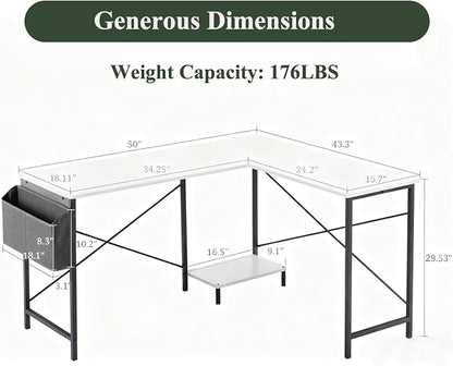L-Shaped Home Office Computer Desk, Gaming Desk with CPU Stand Shelf and Hanging Storage Pocket, Corner Student Study Writing Table, Sturdy Metal Frame, 43.3" D x 50" W, Classic White