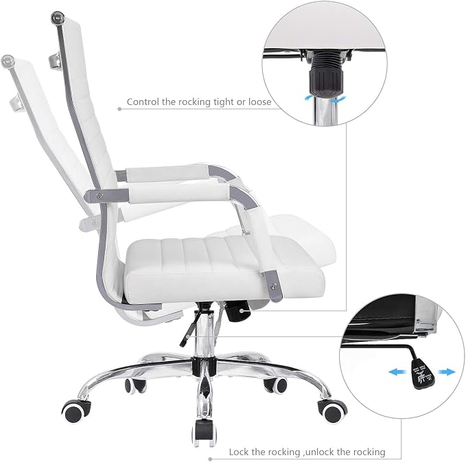 KaiMeng Ribbed Office Desk Mid Back Computer Chair Height Adjustable Conference Executive Task Swivel PU Leather (White)