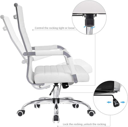 KaiMeng Ribbed Office Desk Mid Back Computer Chair Height Adjustable Conference Executive Task Swivel PU Leather (White)
