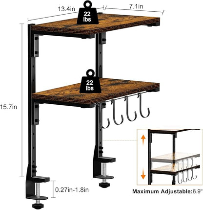 Clamp-on Desk Shelf, 13 inch Above or Below Desk 2-Tier Shelving, Adjustable Metal Storage Tray for Gaming Devices or Office Desk Accessories and More, Brown, Patent Pending