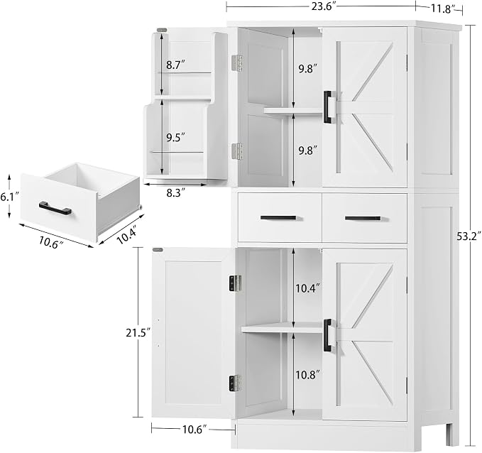 TEENFON Pantry Cabinet with 2 Drawers, Kitchen Storage Cabinet with 4 Door Shelves, Kitchen Pantry for Living Room, Dining Room, Bathroom, White