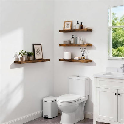 BAYKA Floating Shelves for Wall, Set of 3, 22.5 Inch Rustic Wood Wall Mounted Shelving for Bathroom, Bedroom, Living Room or Kitchen, Hanging Display Decor Book Shelf with 22 lbs, Rustic Brown