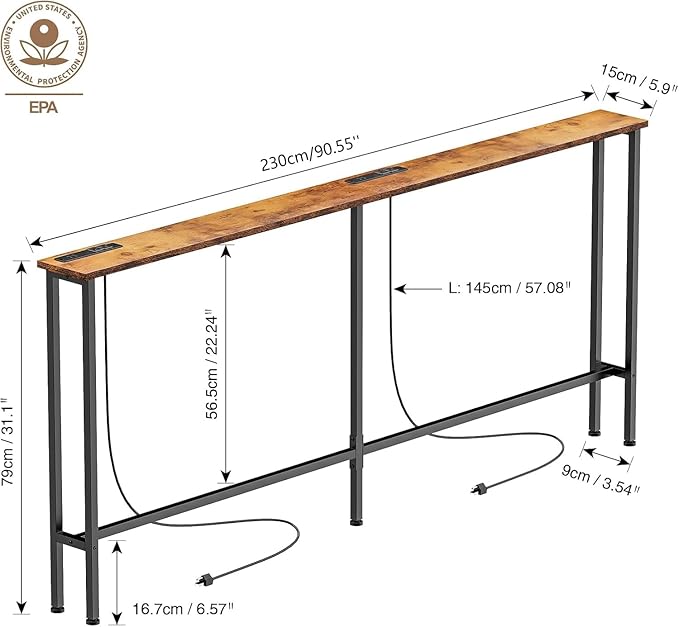 Keelian 90" Narrow Sofa Table - 2 Power Outlets & 4 USB Ports, Metal Frame,Perfect for Hallway, Office, and Behind Sofa - Easy Assembly, 4.9ft Extension Cord Included Rustic Brown