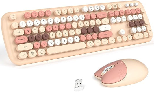 MOFII Wireless Keyboard and Mouse Combo, 2.4G Full-Size Retro Typewriter Computer Keyboard and 3 Level DPI Adjustable Wireless Mouse for Windows, Mac OS Desktop/Laptop/PC-Milk Tea Colorful