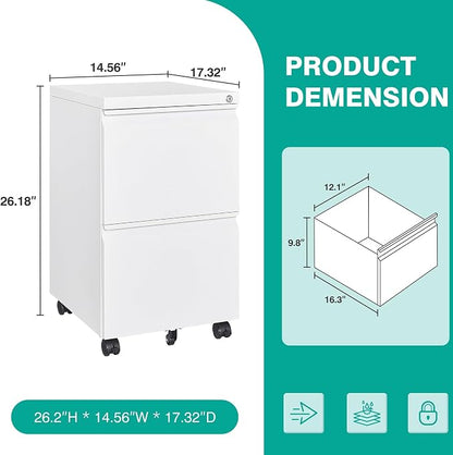 SISESOL Assembled 2 Drawer File Cabinet on Wheels,Metal Filing Cabinet with Lock,White Rolling File Cabinets,Under Desk Office Cabinets for Home Office,Fit A4/Letter/Legal,Pre-Assembled Except Caster