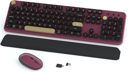 Links9+ Retro Wireless Keyboard and Mouse Combo, 104-Key Full-Size Floating Round Keycaps, 2.4G Plug & Play, USB & Type-C Ready, Ergonomic Set for Mac, Laptop, PC, Windows (Burgundy-Black)